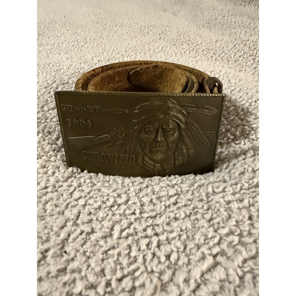 Vintage Geronimo 1904 World's Fair St Louis MO Exposition Buckle 34 Leather Belt
